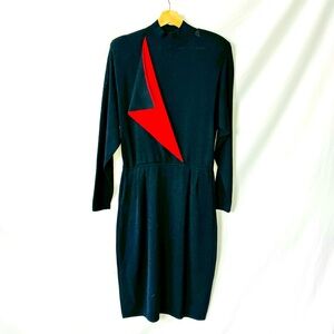 Vintage 80s St. John Santana Knit Black Mockneck Dress with Bright Red Accent